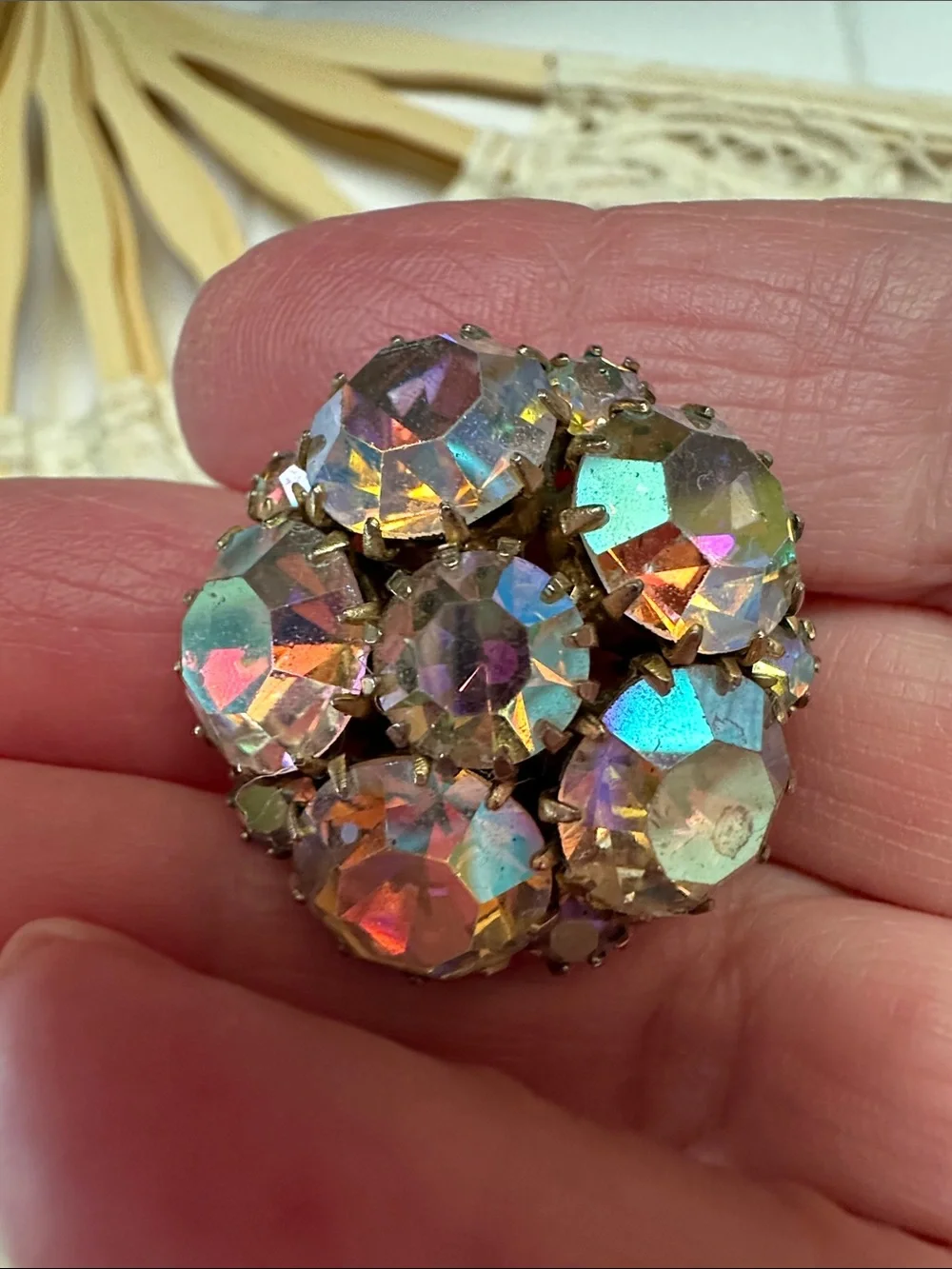 Karu Arke Aurora Borealis Crystal Cluster Clip-On Earrings - Vintage - 1 1/8”
